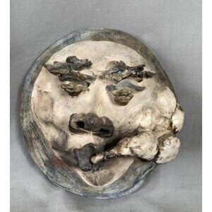 VTG One Of A Kind Handmade Clay Face Wall Art Sculpture Smoking Character, Cool